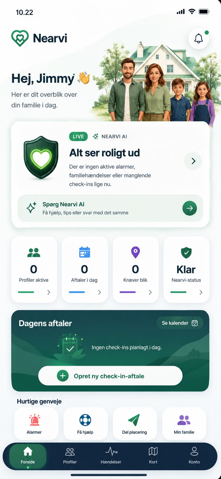 Nearvi-appens familieoverblik med Nearvi AI, status, aftaler og genveje